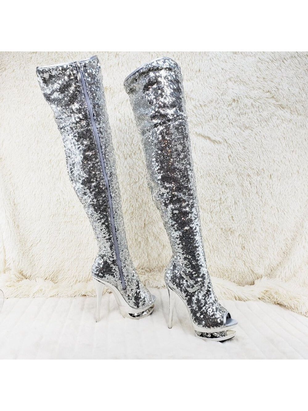 3011 Silver Sequin Open Toe Thigh High Heel Boots Blondie - Picture 4 of 15